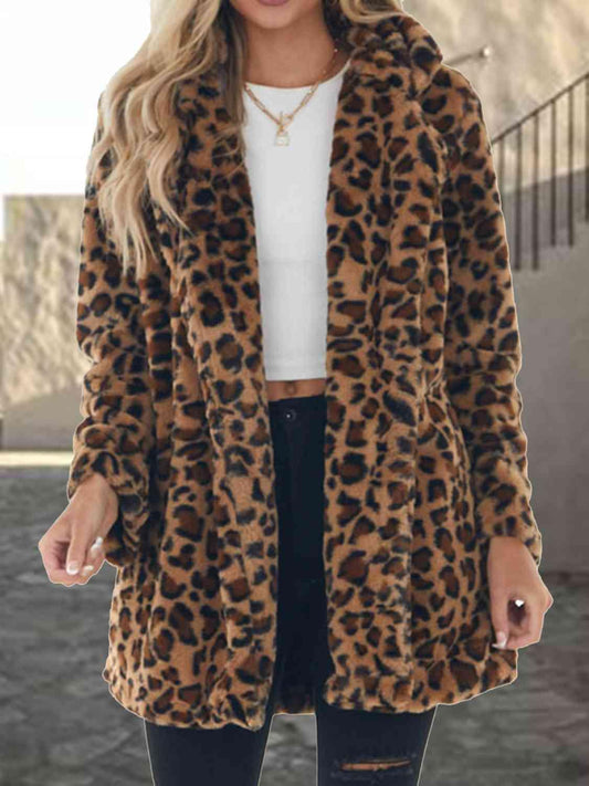 Leopard Collared Neck Coat with Pockets - Closet of Ren