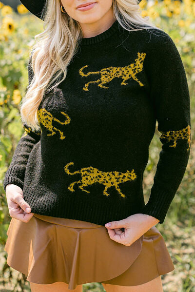 Animal Print Round Neck Sweater in Black