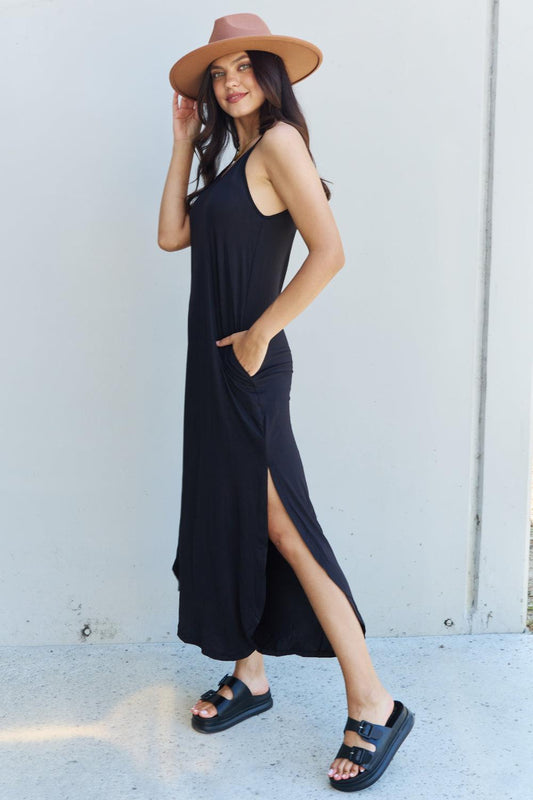 Ninexis Good Energy Full Size Cami Side Slit Maxi Dress in Black - Closet of Ren