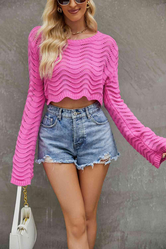 Round Neck Long Sleeve Cropped Sweater - Closet of Ren