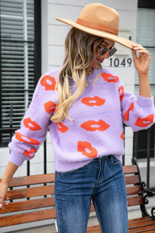 Printed Round Neck Long Sleeve Fuzzy Sweater - Closet of Ren