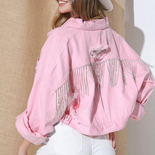 Sparkle Fringe Cropped Denim Jacket - Closet of Ren