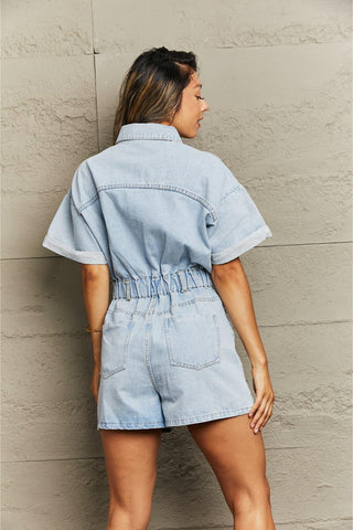 Collared Neck Denim Romper with Pockets - Closet of Ren