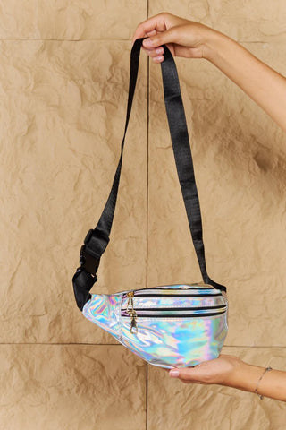 Fame Good Vibrations Holographic Double Zipper Fanny Pack in Silver - Closet of Ren