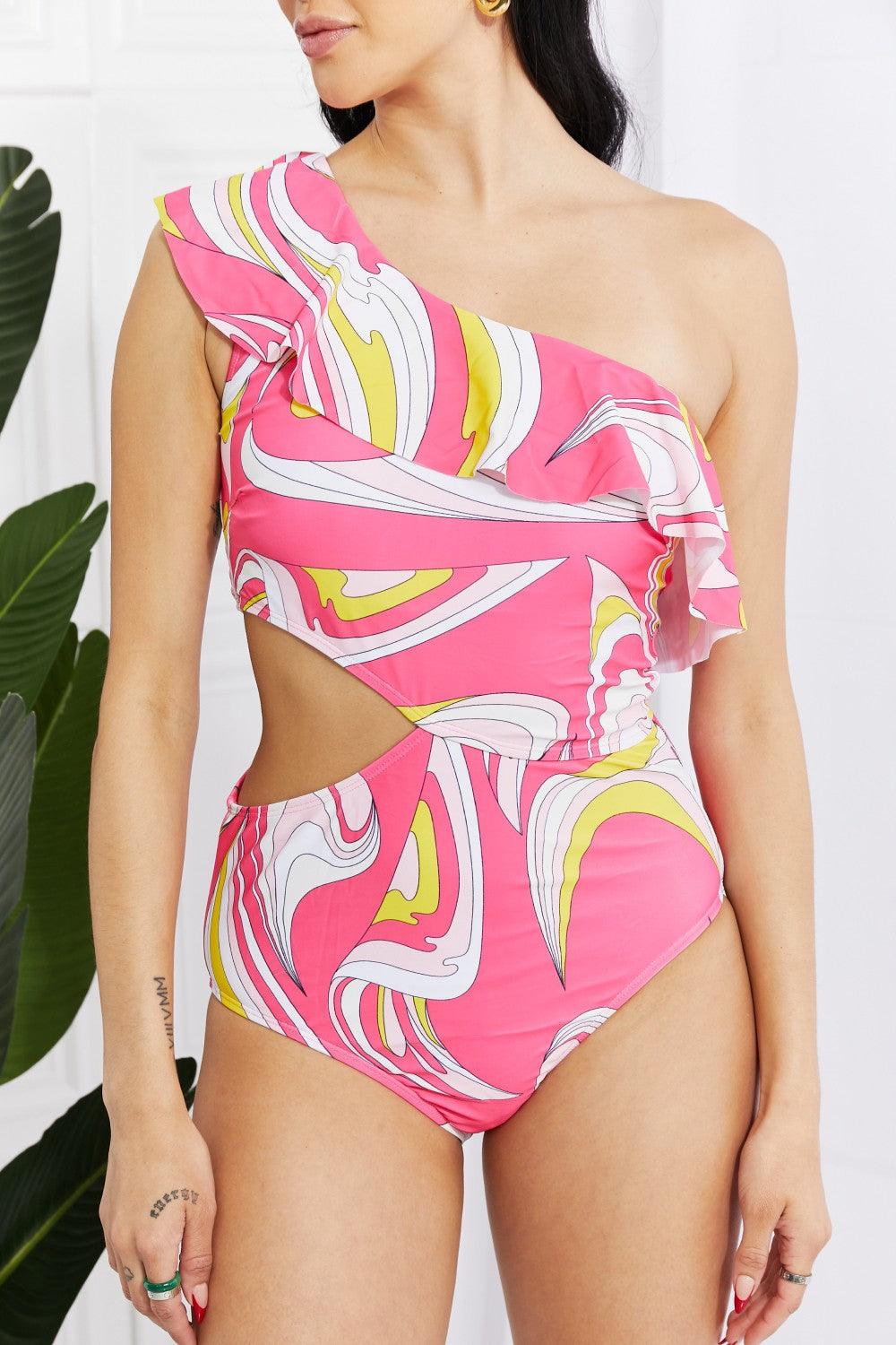 Marina West Swim Vitamin C Asymmetric Cutout Ruffle Swimsuit in Pink - Closet of Ren