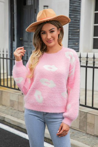 Printed Round Neck Long Sleeve Fuzzy Sweater - Closet of Ren