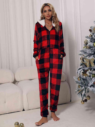 Plaid Zip Front Long Sleeve Hooded Lounge Jumpsuit - Closet of Ren