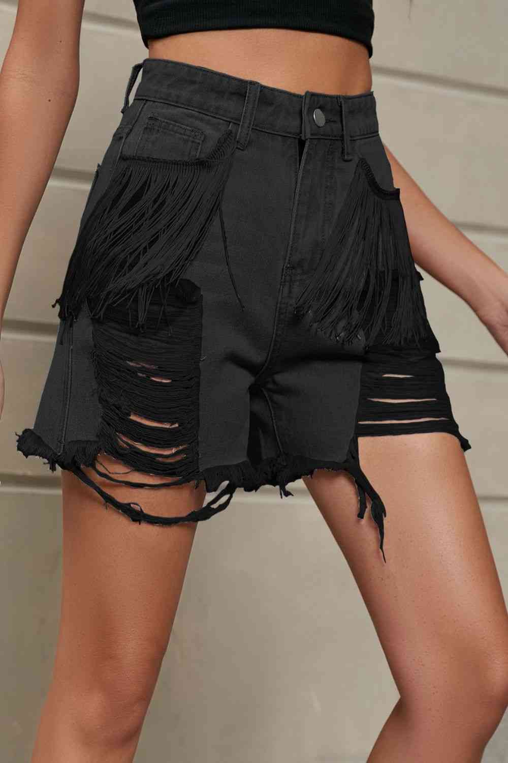 Fringe Trim Distressed Denim Shorts with Pockets | Multiple Color Options