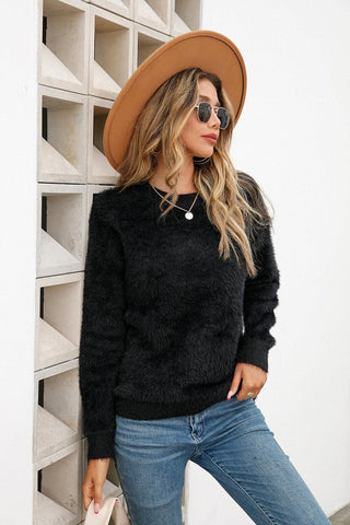 Dropped Shoulder Round Neck Fuzzy Sweater - Closet of Ren