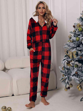 Plaid Zip Front Long Sleeve Hooded Lounge Jumpsuit - Closet of Ren