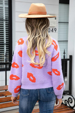 Printed Round Neck Long Sleeve Fuzzy Sweater - Closet of Ren