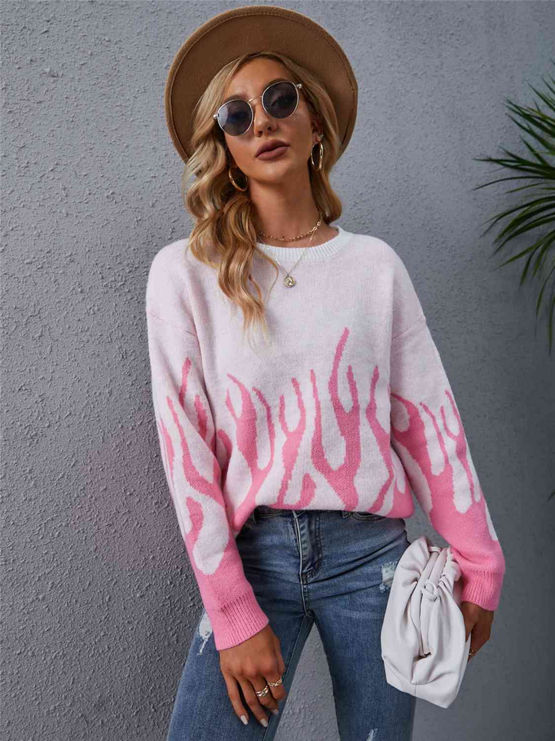 Flame Design Printed Round Neck Long Sleeve Sweater