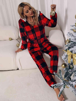 Plaid Zip Front Long Sleeve Hooded Lounge Jumpsuit - Closet of Ren