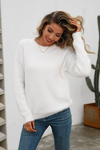 Dropped Shoulder Round Neck Fuzzy Sweater - Closet of Ren