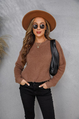 Dropped Shoulder Round Neck Fuzzy Sweater - Closet of Ren