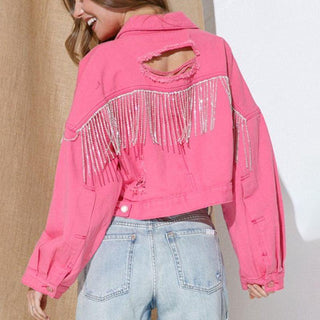 Sparkle Fringe Cropped Denim Jacket - Closet of Ren