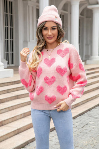 Round Neck Dropped Shoulder Sweater with Heart Pattern - Closet of Ren