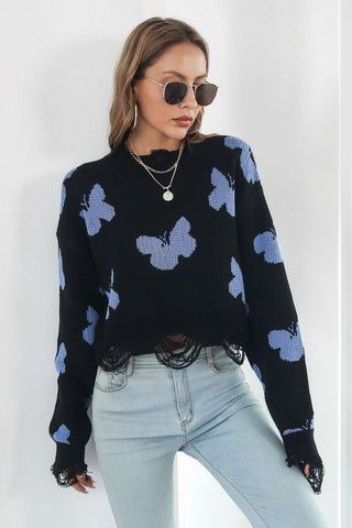 Printed Round Neck Ribbed Long Sleeve Sweater - Closet of Ren