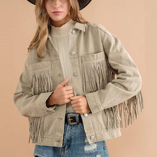 Fringe Detail Dropped Shoulder Denim Jacket - Closet of Ren