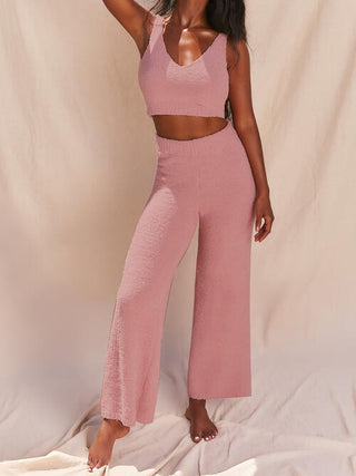 Fuzzy V-Neck Cropped Tank and Pants Set | Multiple Color Options