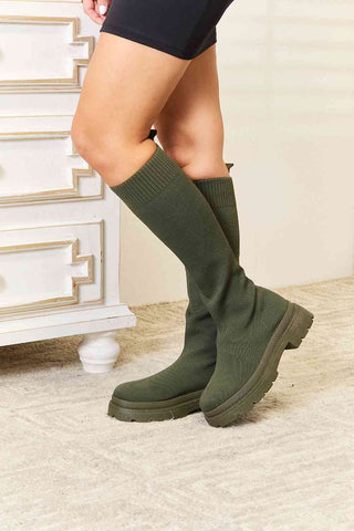 WILD DIVA Footwear Knee High Platform Sock Boots in Olive Green