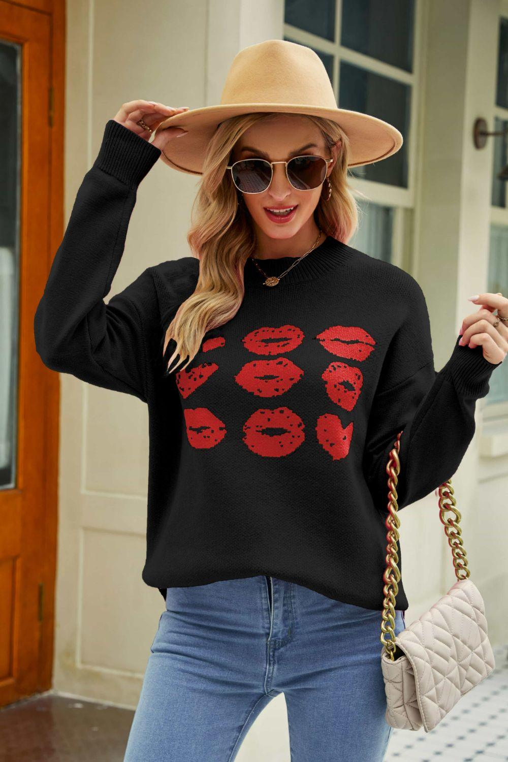 Woven Right Lip Graphic Slit Dropped Shoulder Sweater - Closet of Ren