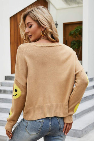 Smiley Face Ribbed Trim V-Neck Cardigan - Closet of Ren