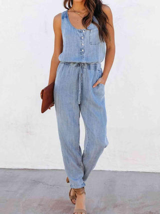 Drawstring Waist Sleeveless Denim Jumpsuit | Multiple Color Options - Closet of Ren