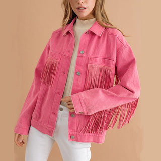 Fringe Detail Dropped Shoulder Denim Jacket - Closet of Ren