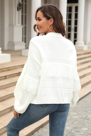 Double Take Fringe Trim Open Front Cardigan - Closet of Ren