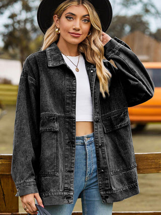 Dropped Shoulder Denim Jacket with Pockets - Closet of Ren