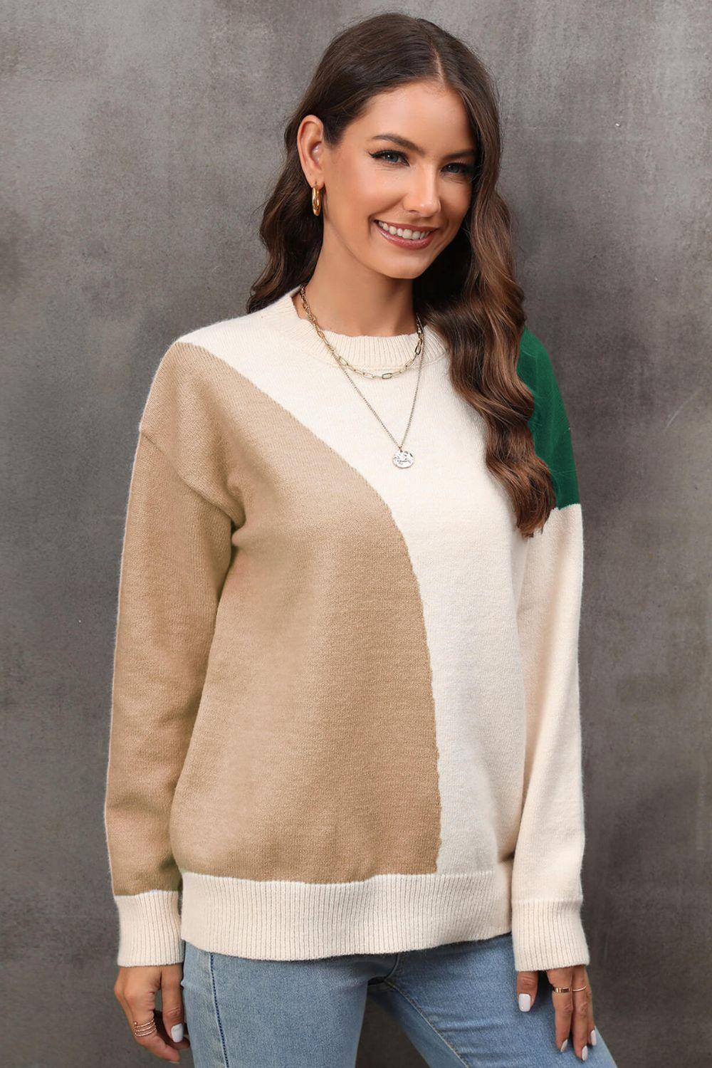 Color Block Ribbed Cuff Drop Shoulder Sweater - Closet of Ren