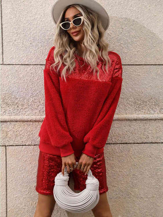 Festive Red Sequin Teddy Sweatshirt and Shorts Set