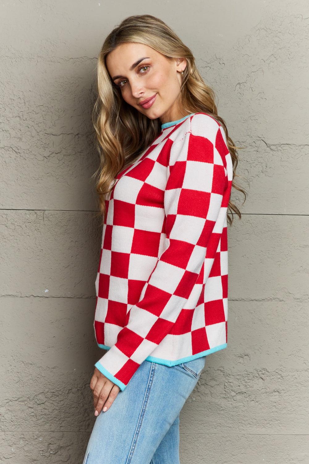 Checkered Round Neck Sweater - Closet of Ren