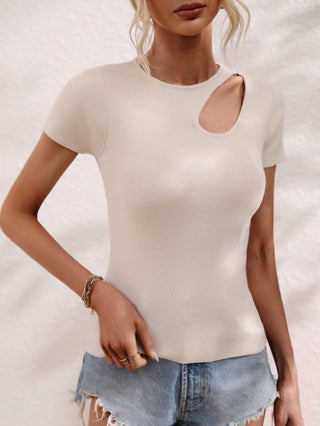 Cutout Round Neck Short Sleeve Knit Top - Closet of Ren