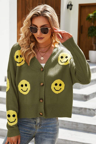 Smiley Face Ribbed Trim V-Neck Cardigan - Closet of Ren