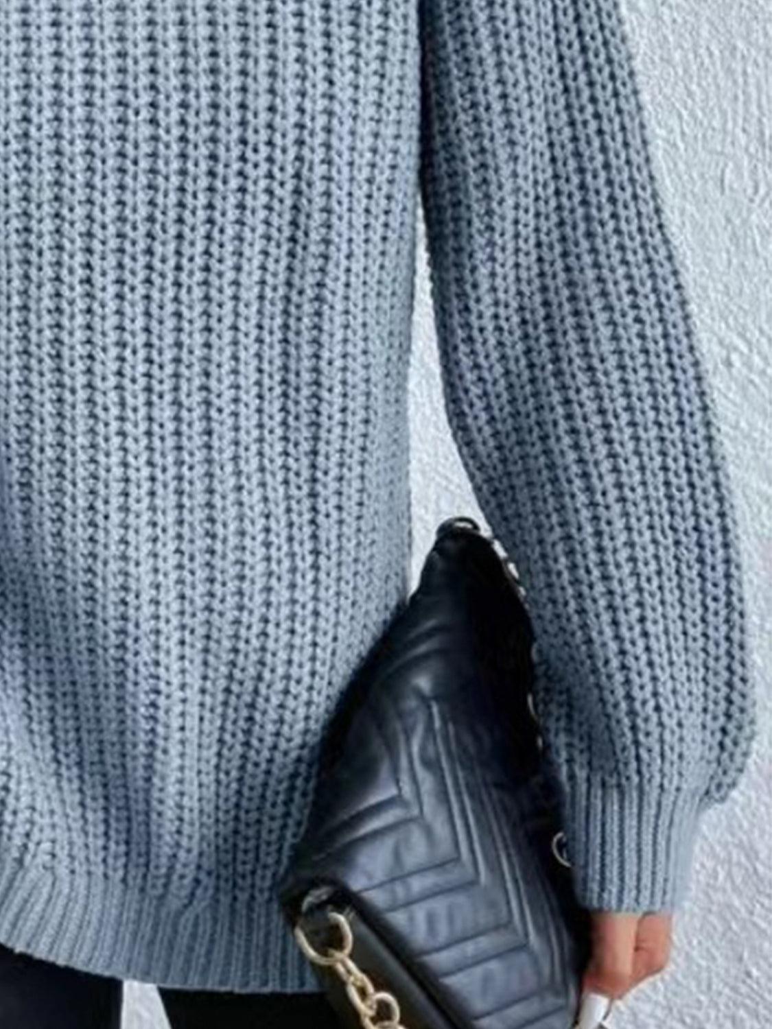 Full Size Turtleneck Rib-Knit Slit Sweater - Closet of Ren
