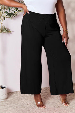 Double Take Smocked Wide Waistband Wide Leg Pants with Pockets