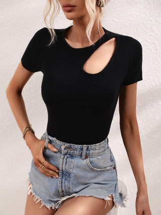 Cutout Round Neck Short Sleeve Knit Top - Closet of Ren