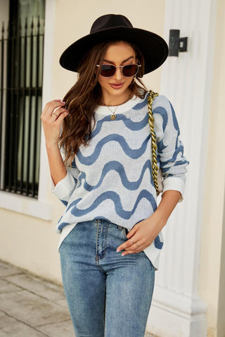 Wave Stripe Ribbed Trim Tunic Sweater - Closet of Ren