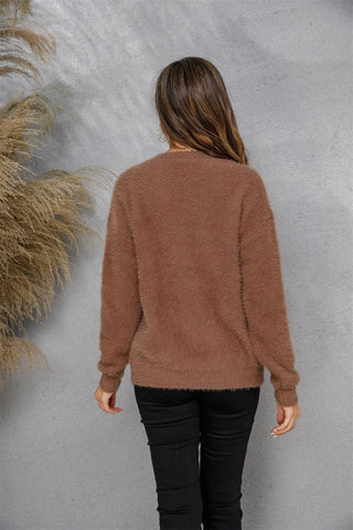 Dropped Shoulder Round Neck Fuzzy Sweater - Closet of Ren