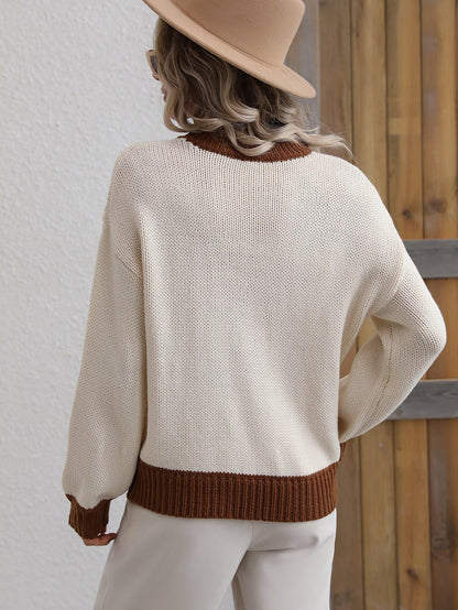 Contrast Trim Drop Shoulder Pullover Sweater - Closet of Ren