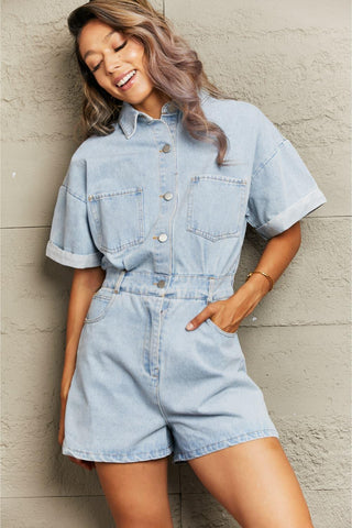 Collared Neck Denim Romper with Pockets - Closet of Ren