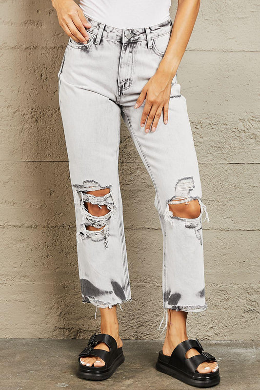 BAYEAS Acid Wash Accent Cropped Mom Jeans - Closet of Ren